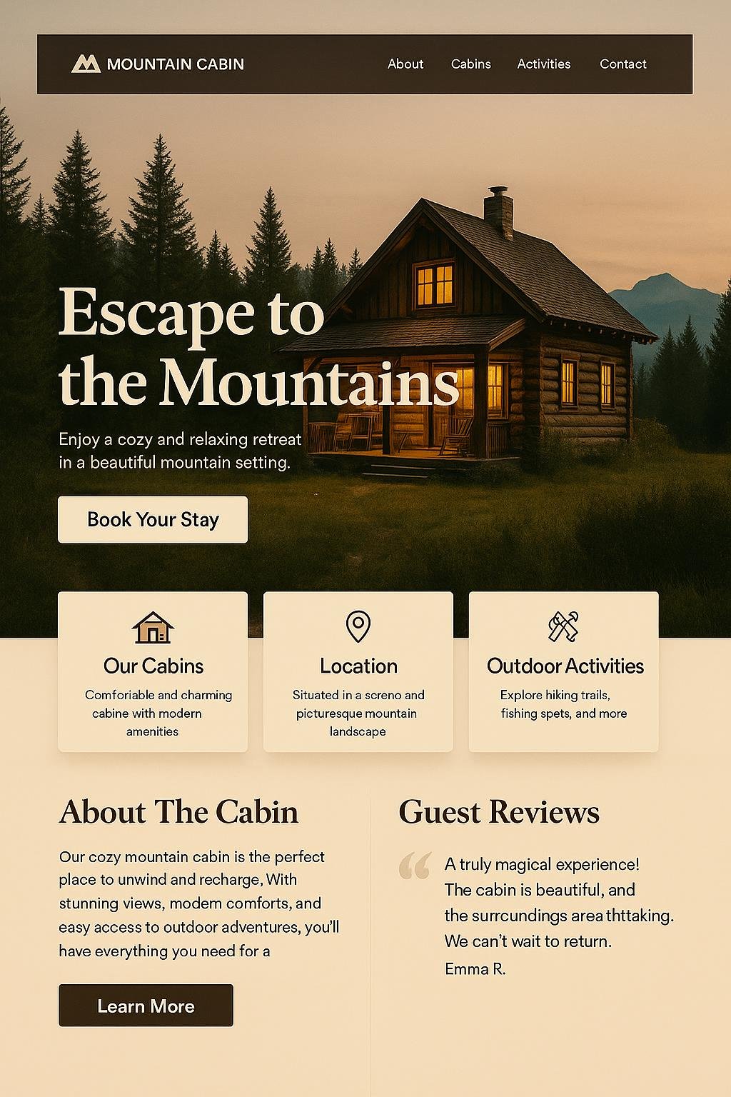 Exemplu website rustic și cald pentru brand tradițional - Mountain Cabin