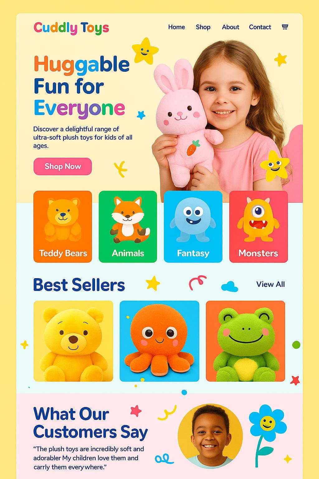 Exemplu website colorat și prietenos pentru brand jucăuș - Cuddly Toys